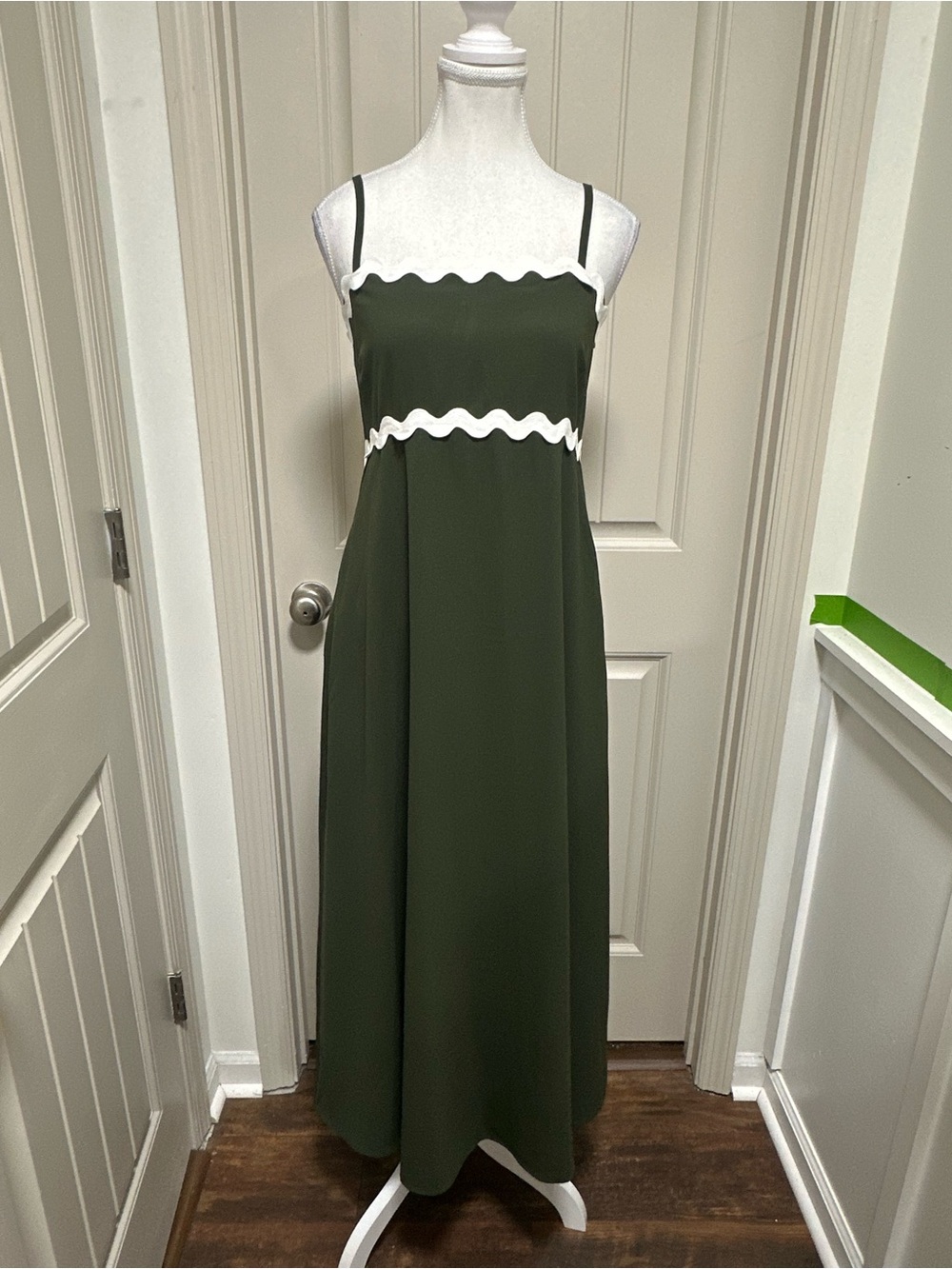 Olive Green Maxi Dress with White Wave Trim